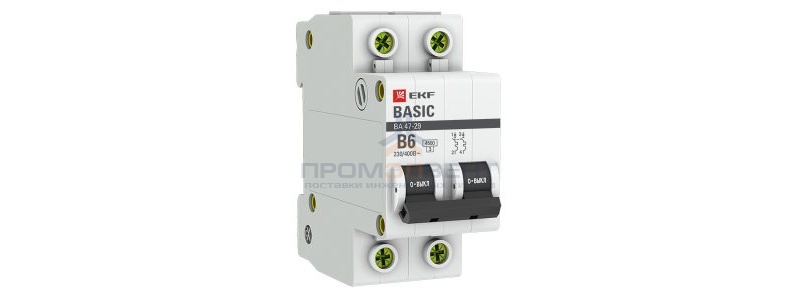 Автоматический выключатель EKF Basic ВА 47-29 2P 6А (B) 4,5кА (автомат электрический)