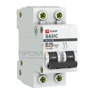 Автоматический выключатель EKF Basic ВА 47-29 2P 25А (B) 4,5кА (автомат электрический)