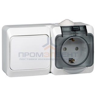 Блок выключатель одноклавишный + розетка с/з Этюд IP44 белый [уп 7шт]